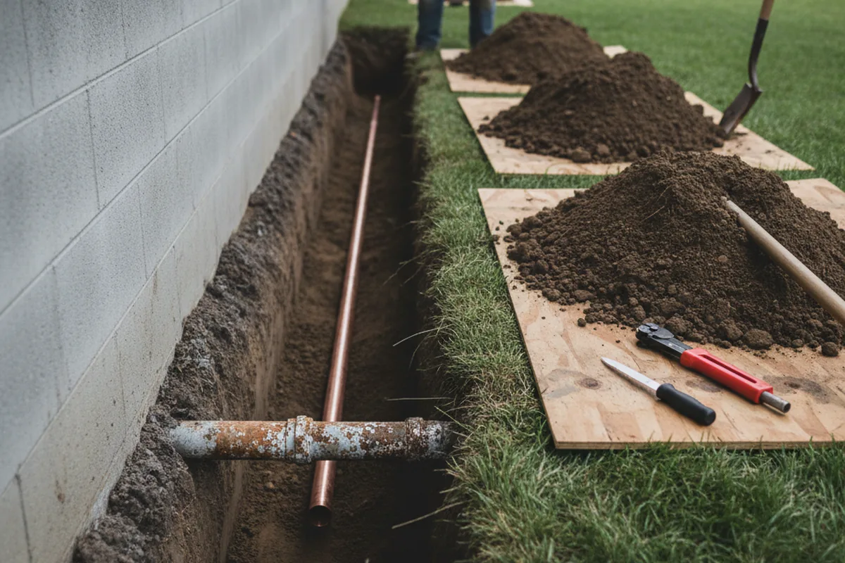 Excavated water line trench during Water Softener Installation in Hayesville